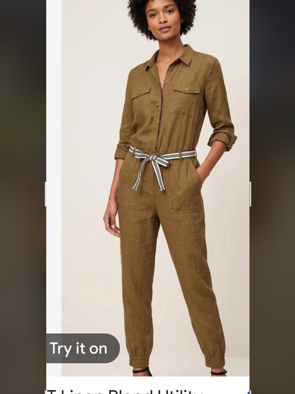 LOFT Linen Blend Utility Jumpsuit Brown M Belted Long Sleeve